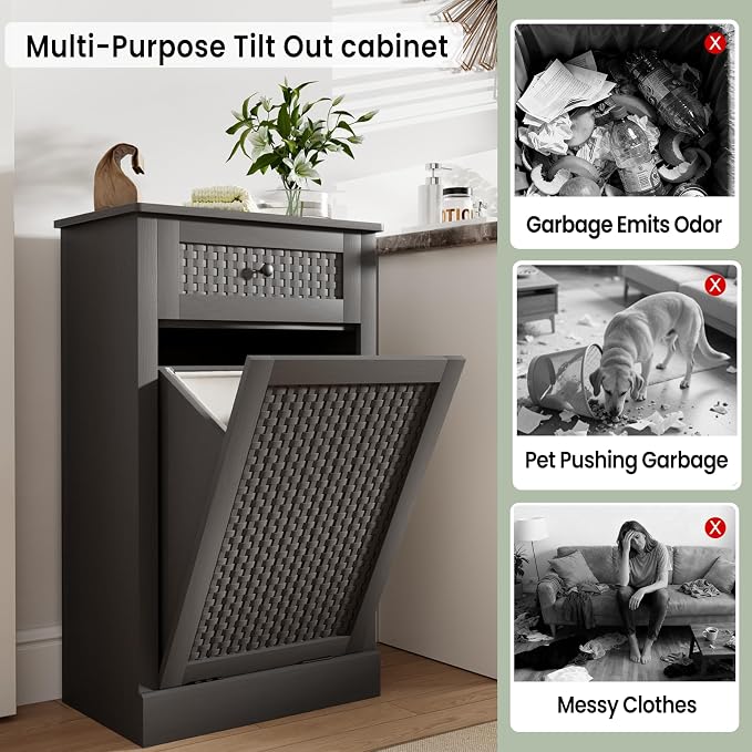 Double Tilt Out Laundry Hamper Cabinet, Rattan-Style Laundry Room Organization - Image 6