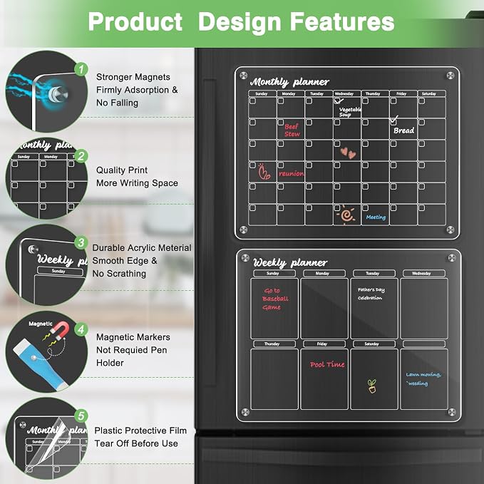 WALGLASS Acrylic Calendar for Fridge, Monthly Clear Acrylic Magnetic Dry Erase - Image 2