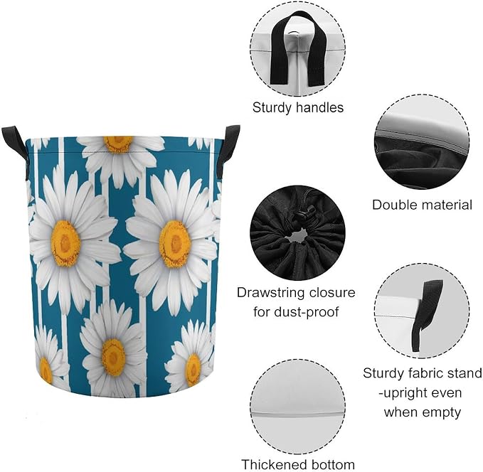 Daisy Stripes Round Laundry Bag Collapsible Storage Hamper Basket - Image 4