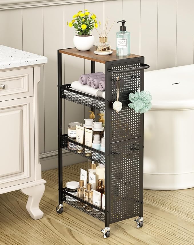 Utility Slim Storage Cart 4 Tier Small Rolling Kitchen Laundry Room by Beeowner
