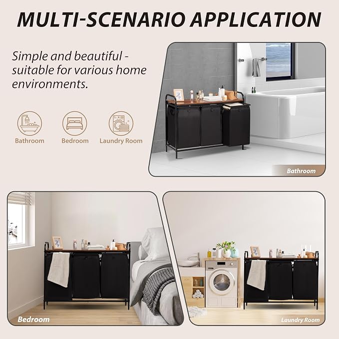 3 Section Laundry Hamper with Shelf, Laundry Basket Organizer with 3 Pull-Out - Image 8