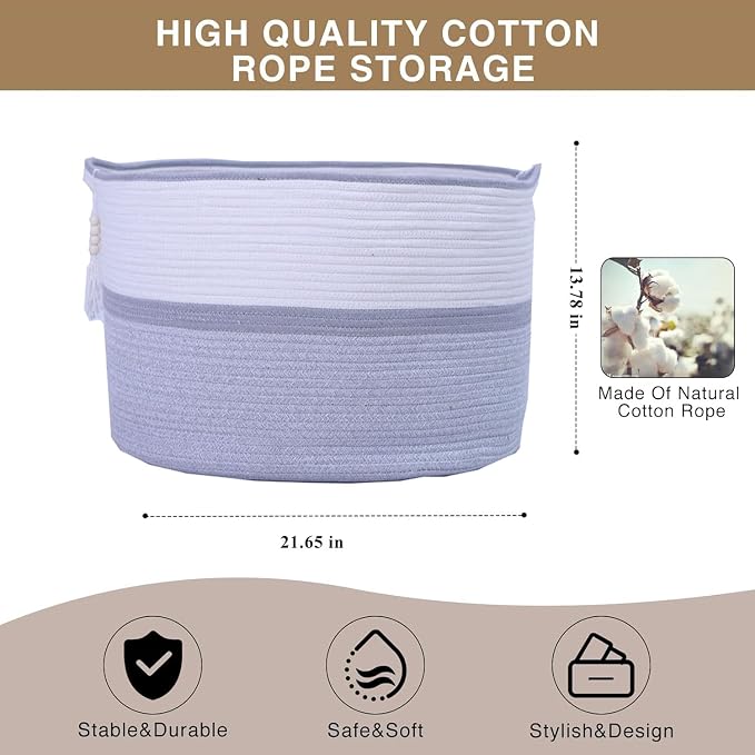 Large Woven Rope Laundry Hamper, Cotton Rope Storage Basket - Image 6