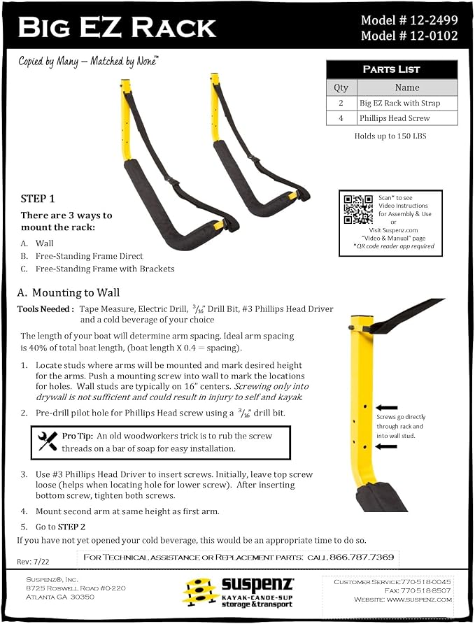 Suspenz Kayak Storage Rack, Big EZ Padded Wall Hangers/Hooks - Image 7