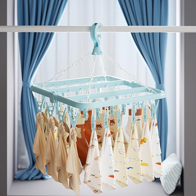 Clothes Drying Rack with 32 Clips, Foldable Hanging Rack, 360° Rotatable Hook - Image 5