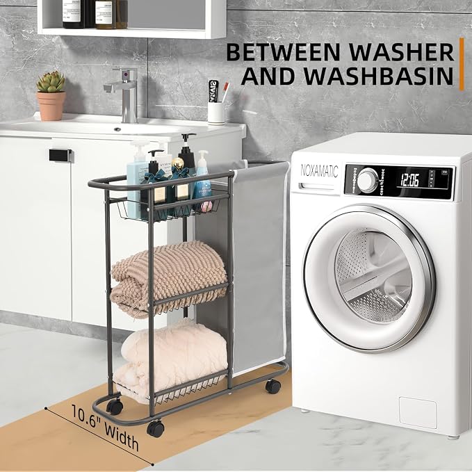 Rolling Laundry Cart with Wheels, 3-Tier Laundry Caddy Between Washer and Dryer - Image 4