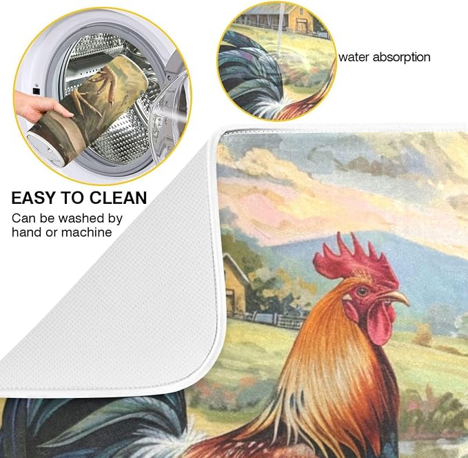 Beautiful Rural Farm Rooster Cocks Painting Absorbent Dish Drying Mat - Image 5