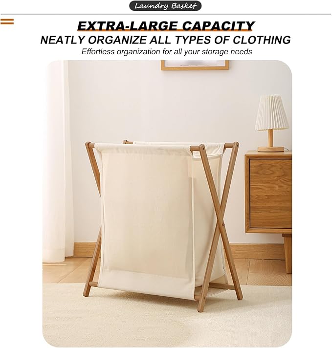 Large-Capacity Foldable Laundry Basket Freestanding Laundry Hamper Nan Bamboo - Image 4