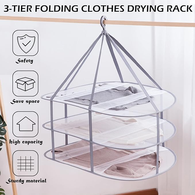 3 Tier Folding Mesh Clothes Drying Rack, Stackable Sweater Drying Rack - Image 2