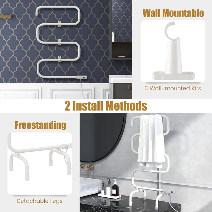COSTWAY Heated Towel Warmer, Freestanding & Wall-Mounted 5-Bar Drying Rack - Image 2