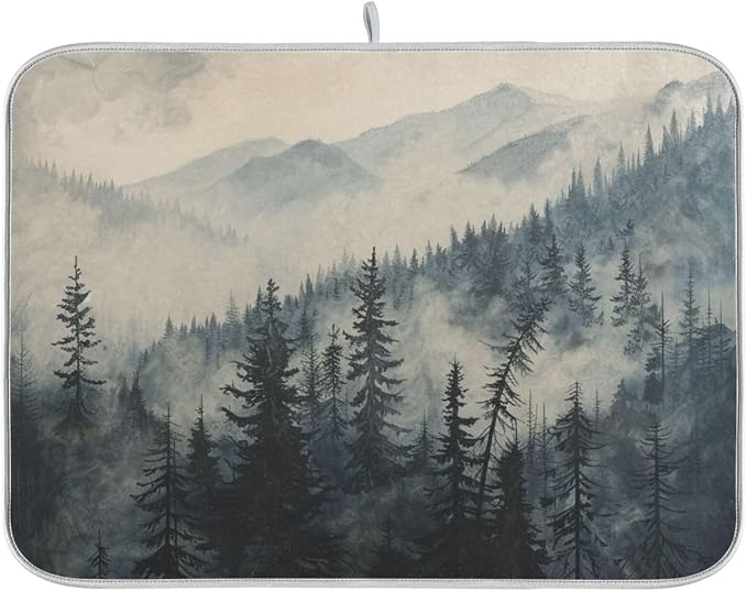 Famous Foggy Mountains Forest Trees Absorbent Dish Drying Mat Microfiber by Unknown