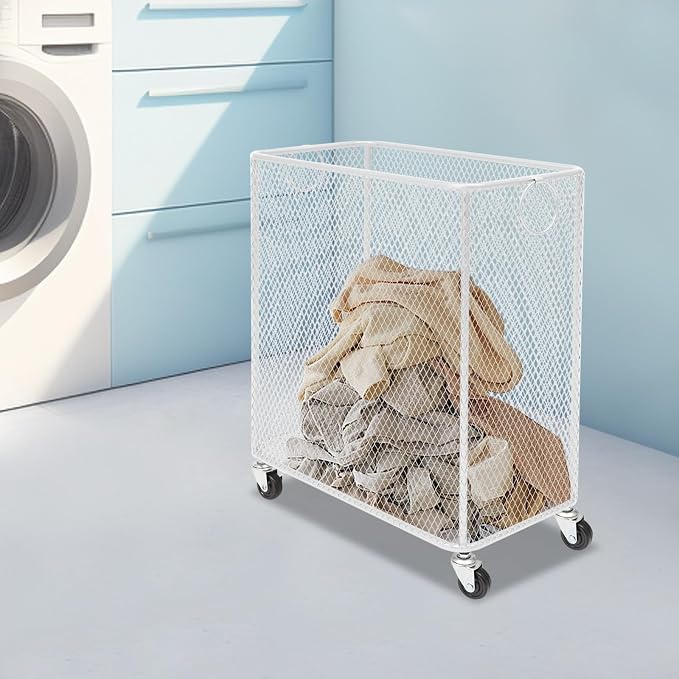 Laundry Hamper with Wheels, Rolling Laundry Basket Cart, Rectangular Metal Mesh - Image 3