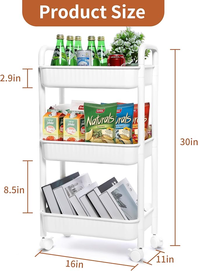 YSSOA Rolling Storage Cart, 3 Tier Slim Mobile Shelving Unit 360° Rotating - Image 2