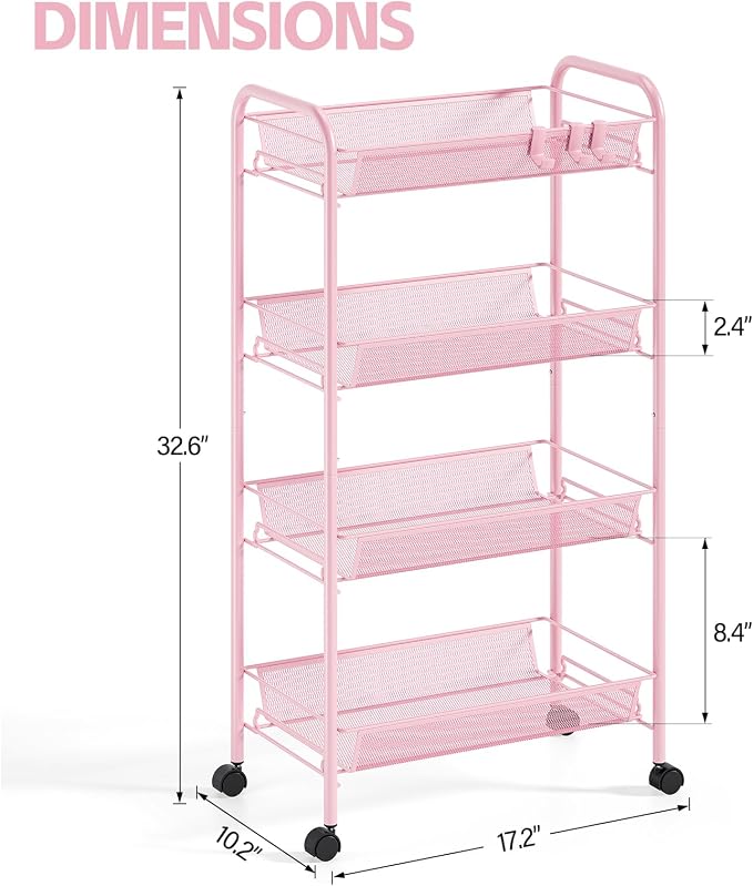 4-Tier Metal Utility Cart, Mesh Wire Rolling Cart on Wheels, Storage Trolley - Image 5