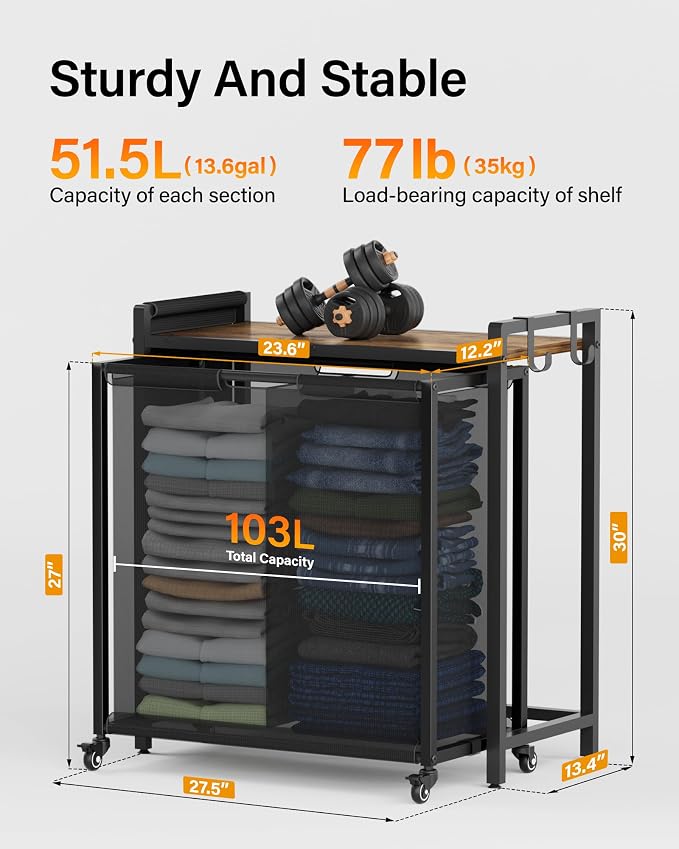 Laundry Hamper Sorter 2 Section 103L: Rolling Laundry Basket Organizer - Image 6