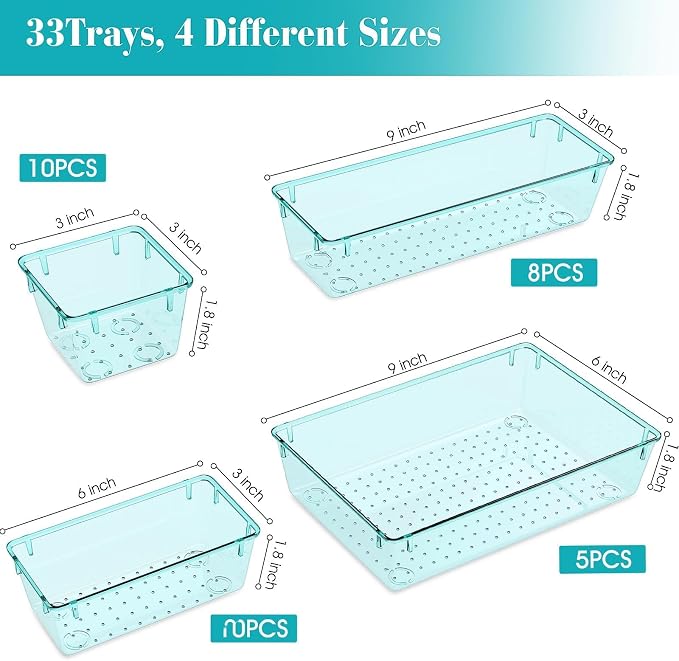 33 PCS Clear Plastic Drawer Organizers Set, 4 Size Desk Drawer Organizer Trays - Image 2
