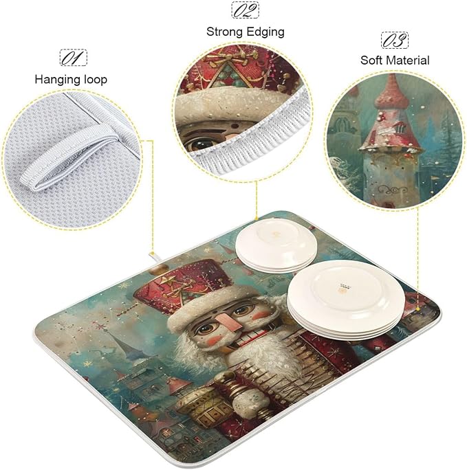 Gorgeous Pattern Kitchen Countertop Dish Drying Mat, Christmas Nutcracker - Image 3