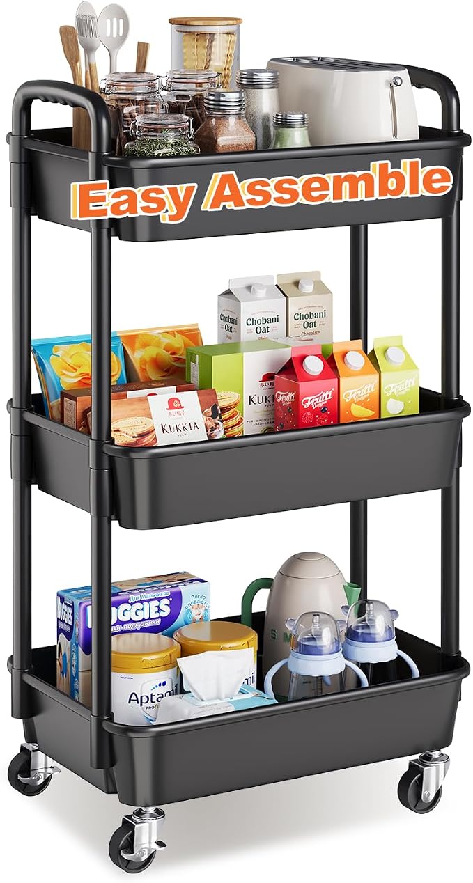 3 Tier Rolling Cart with Wheels, Small Utility Storage Trolley by Unknown