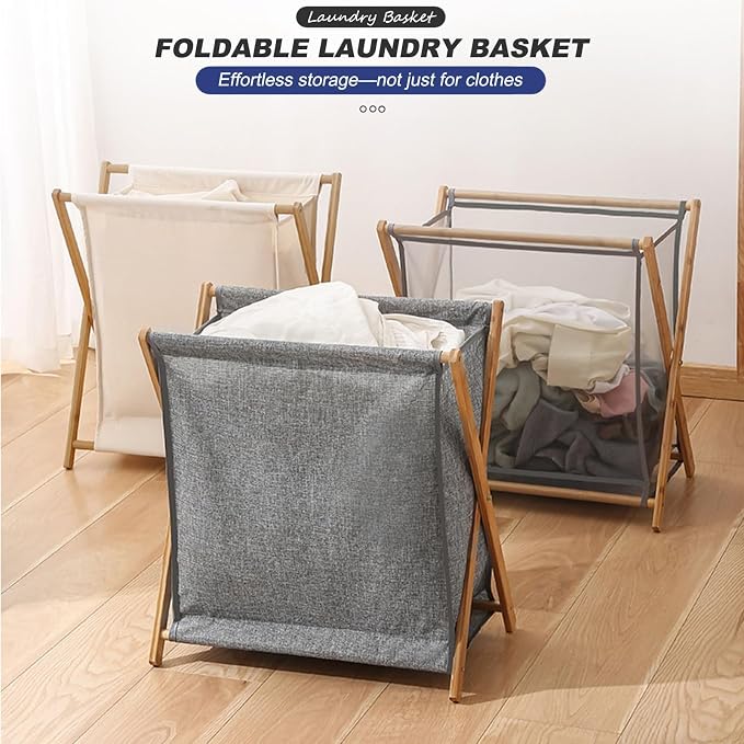 Large-Capacity Foldable Laundry Basket Freestanding Laundry Hamper Nan Bamboo - Image 2