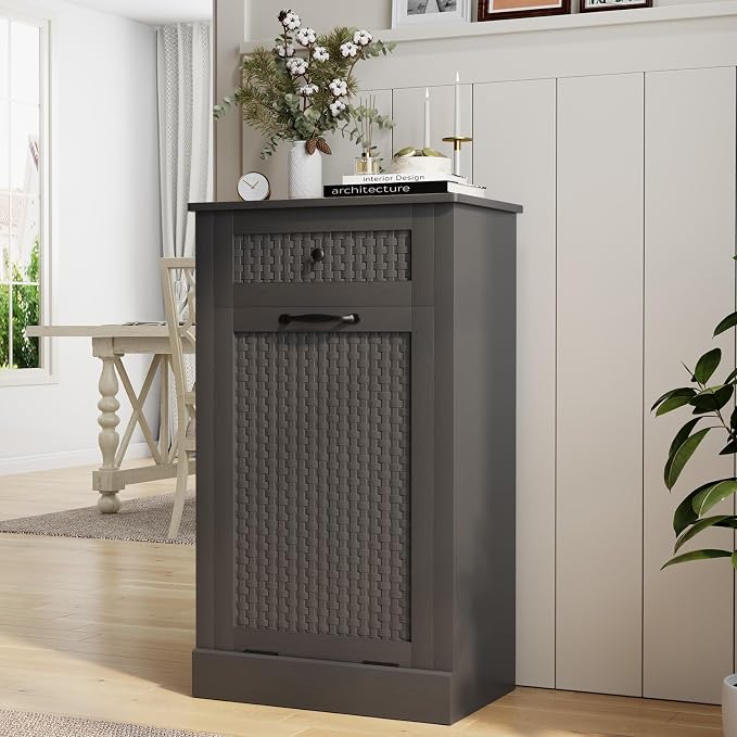 Tilt Out Laundry Hamper Cabinet, Rattan-Style Laundry Room Organization - Image 4