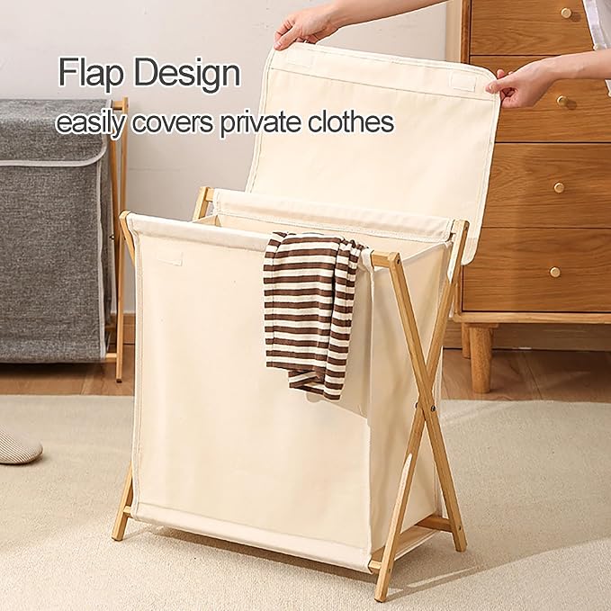 Gtzly Collapsible Laundry Baskets, Bamboo Wood X-Frame Laundry Hamper - Image 3