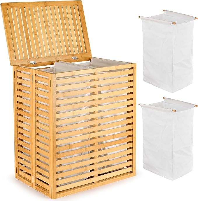 Bamboo Laundry Hamper with Lid and 2-Section Liner Foldable Wicker Laundry - Image 3