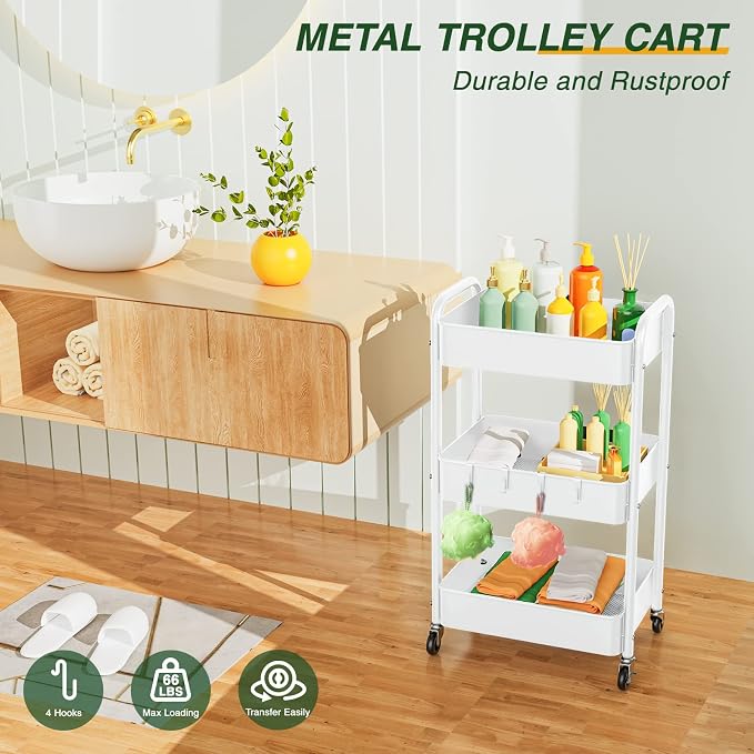 LEHOM 3 Tier Rolling Storage Cart, Metal Trolley Utility Cart - Image 2