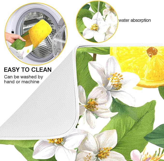 Yellow Lemon and White Flower Dish Drying Mat Super Absorbent Drying Mat 18x24 - Image 2