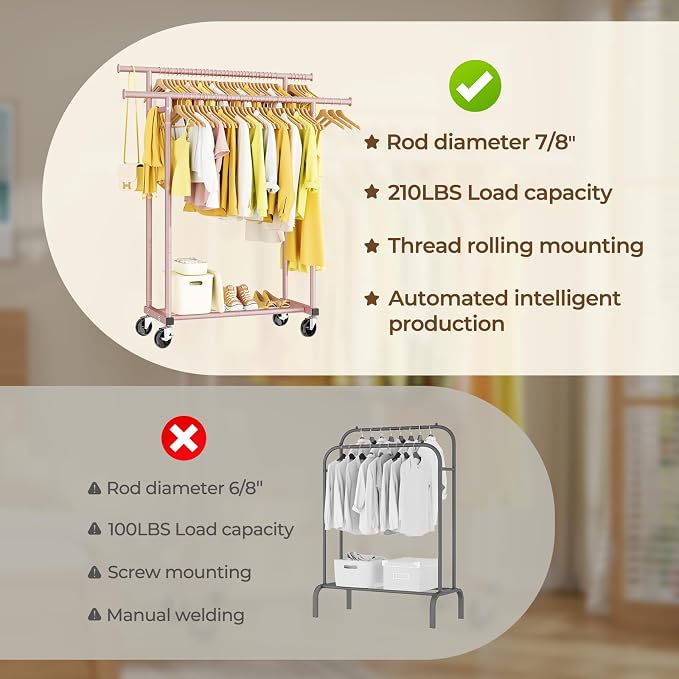 Double Rods Clothes Rack, Sturdy Rolling Clothing Rack, Portable Clothing Racks - Image 5