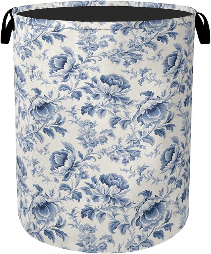 Beige Navy Blue Floral Laundry Basket by Gearsly