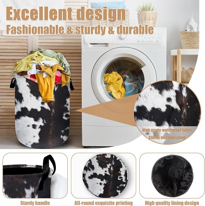 Brown Cowhide Laundry Basket, Cowskin Print Laundry Hamper Tote Bag Dirty - Image 4