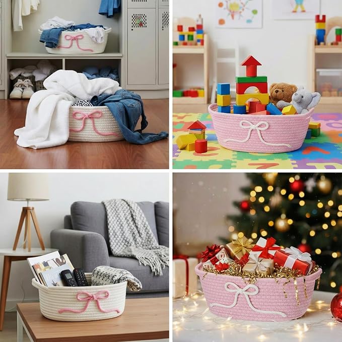 2 Pcs Pink Bow Storage Baskets Woven Cotton Rope Laundry Hamper - Image 4