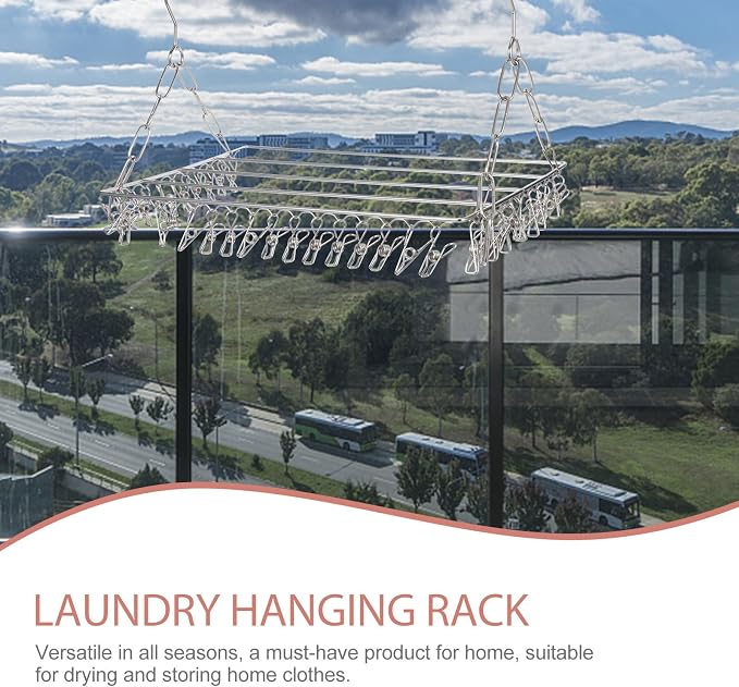 Uonlytech Multi-Purpose 36-Clips Stainless Steel Hanging Drying Rack Windproof - Image 9