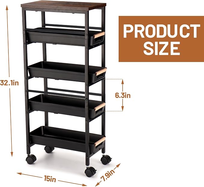 Slim Storage Cart, 5-Tier Narrow Rolling Kitchen Laundry Room Cart - Image 7