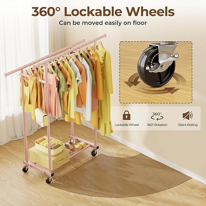 Double Rods Clothes Rack, Sturdy Rolling Clothing Rack, Portable Clothing Racks - Image 4