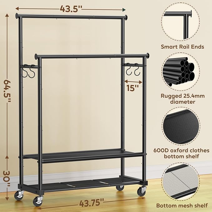 Rolling Clothes Rack with Doule Rod - Image 7