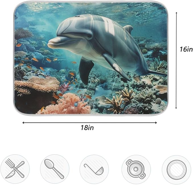 Summer Lifelike Ocean Coral Dolphin Absorbent Dish Drying Mat Microfiber - Image 4