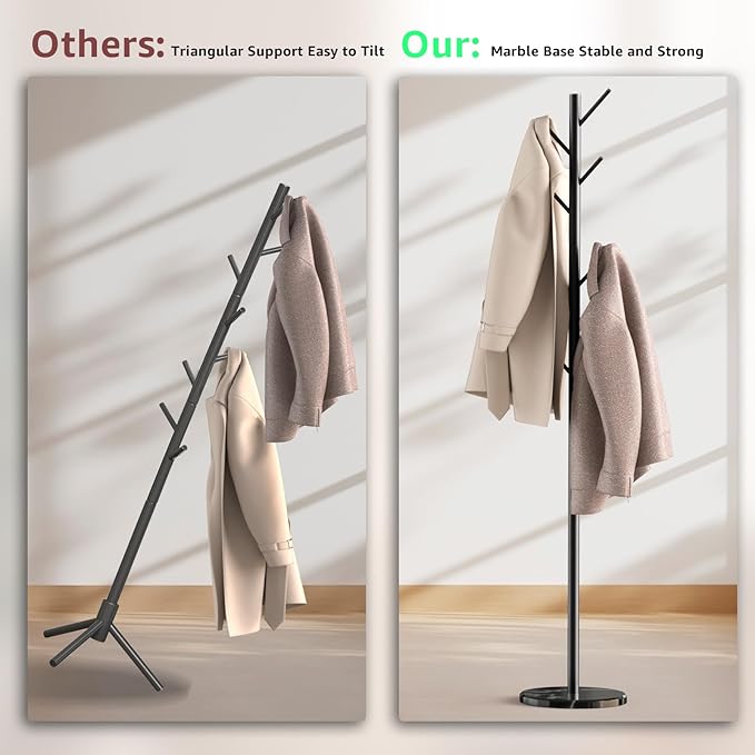Coat Rack with Natural Marble Base, Metal Freestanding Coat Rack with 8 Hooks - Image 2