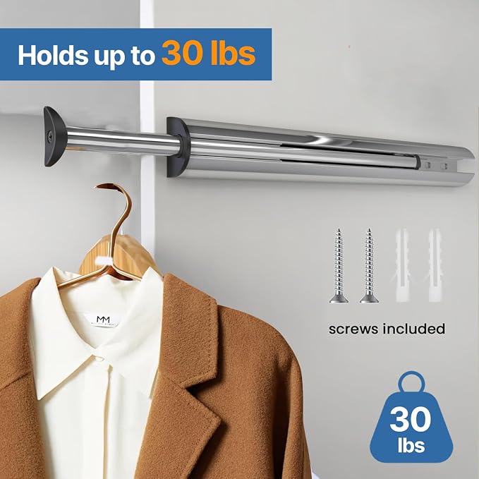 Valet Rod 14-Inch, Pull-Out Closet Clothes Closet Hanging RodMetal Telescoping - Image 4