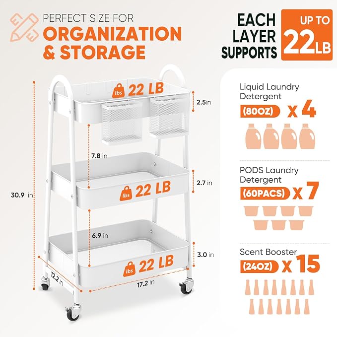 Sekey 3 Tier Rolling Cart, Hanging Cups, Heavy Duty Mesh Rolling Storage Cart - Image 2