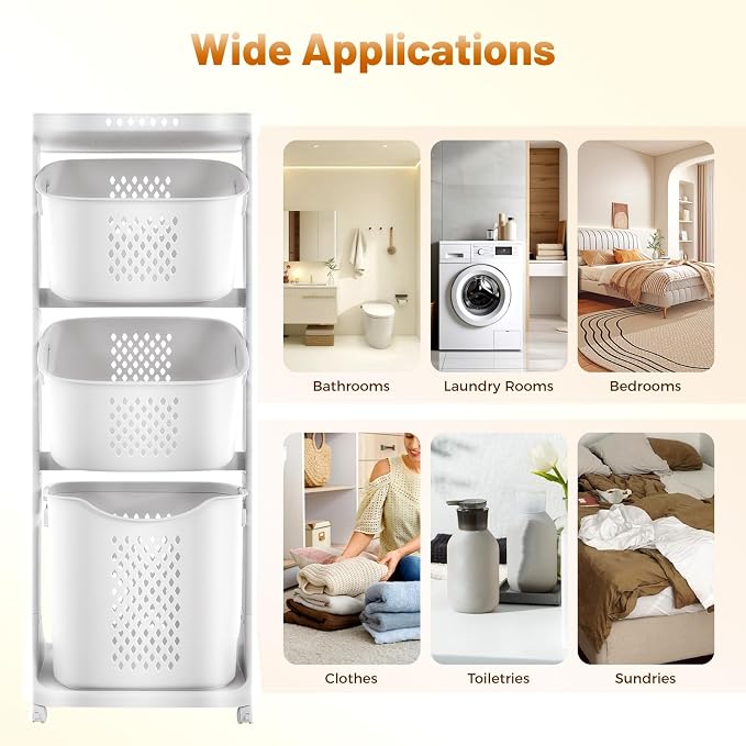 White Laundry Basket, 3 Tier Rolling Laundry Hamper Cart Multi-purpose Laundry - Image 8