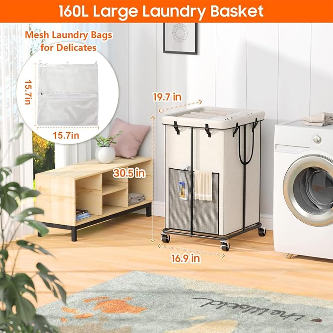 160L Laundry Basket with Wheels, Rolling Laundry Hamper with Removable Bag and - Image 3