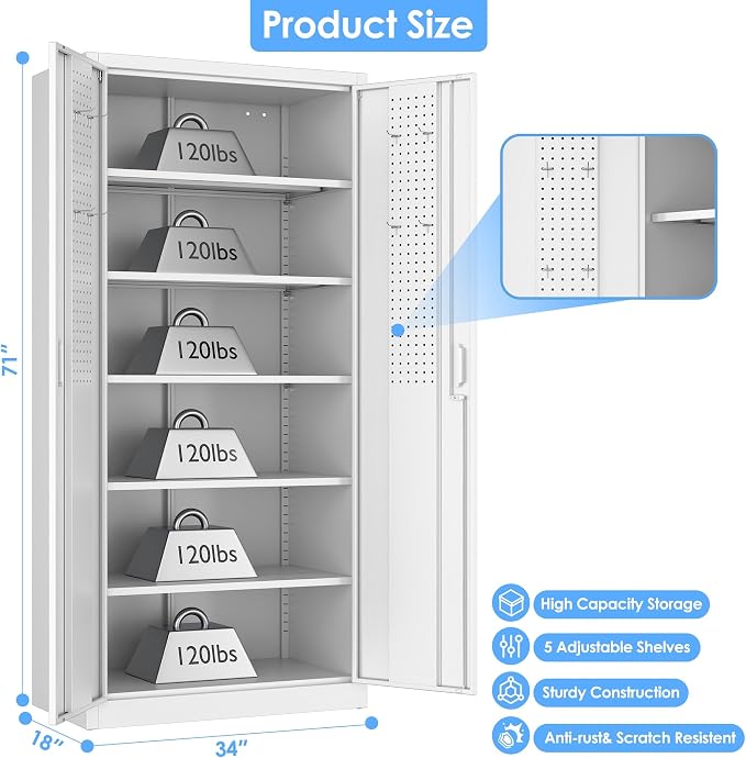 Metal Garage Cabinet with Pegboard and Hooks, Metal Tool Storage Cabinet with 2 - Image 3