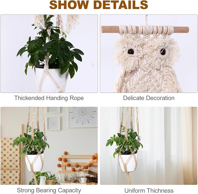 Macrame Plant Hanger Owl Indoor Hanging Planter Basket Decorative Flower Pot - Image 2