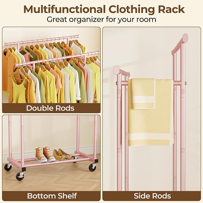 Double Rods Clothes Rack, Sturdy Rolling Clothing Rack, Portable Clothing Racks - Image 3