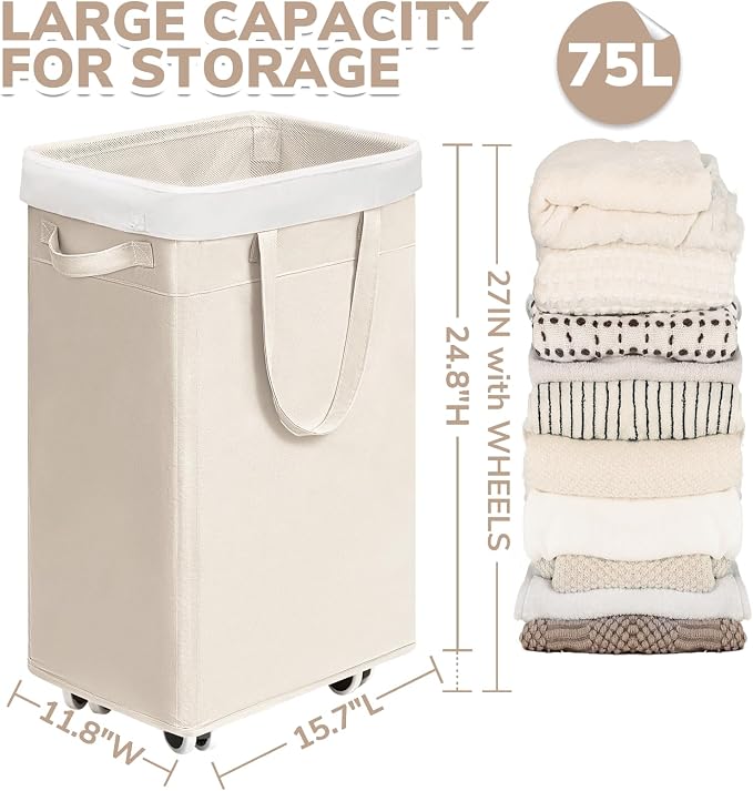 CHICVITA Collapsible Laundry Basket on Wheels 75L, Slim Laundry Hamper - Image 4