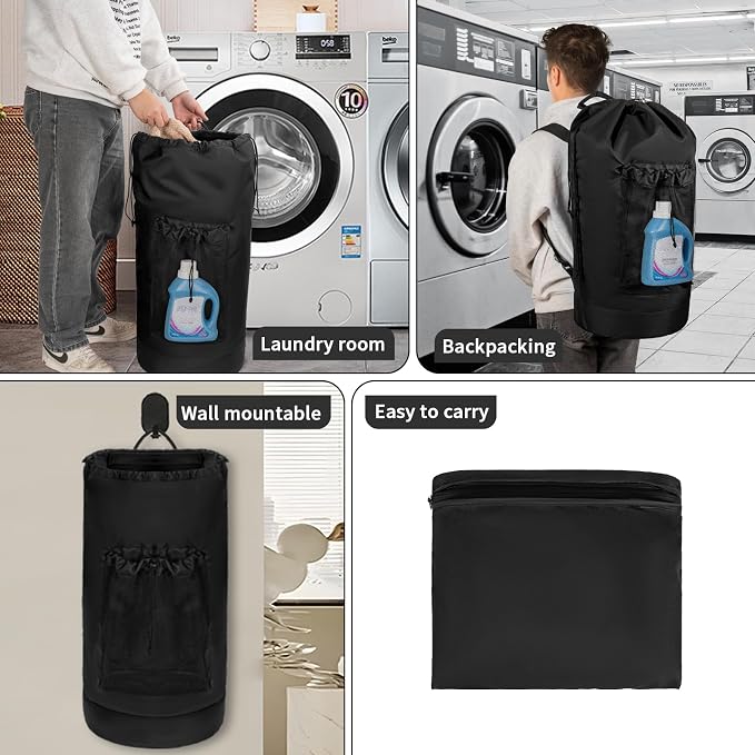 Laundry Bag Backpack with Shoulder Straps and Mesh Pocket Foldable Clothes - Image 4