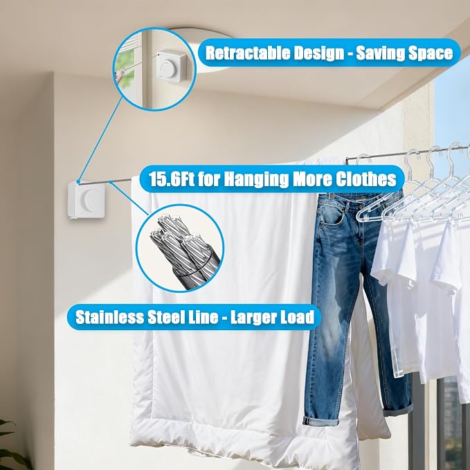 Retractable Clothesline, Non-Sagging Wall Mounted Laundry Line, Space-Saving - Image 3