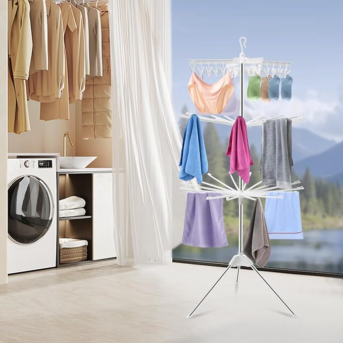 3-Tier Foldable Clothes Drying Rack, Rotating Clothing Rack w/Three-Legged Base - Image 3