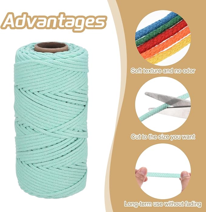 Rebower Macrame Cord 4mm x 109 Yard, Natural Cotton Macrame Rope Twisted - Image 3