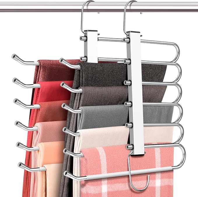 4 Pack 6-Tier Space Saving White Pant Hangers, Lightweight, Stainless Steel by HUITEM